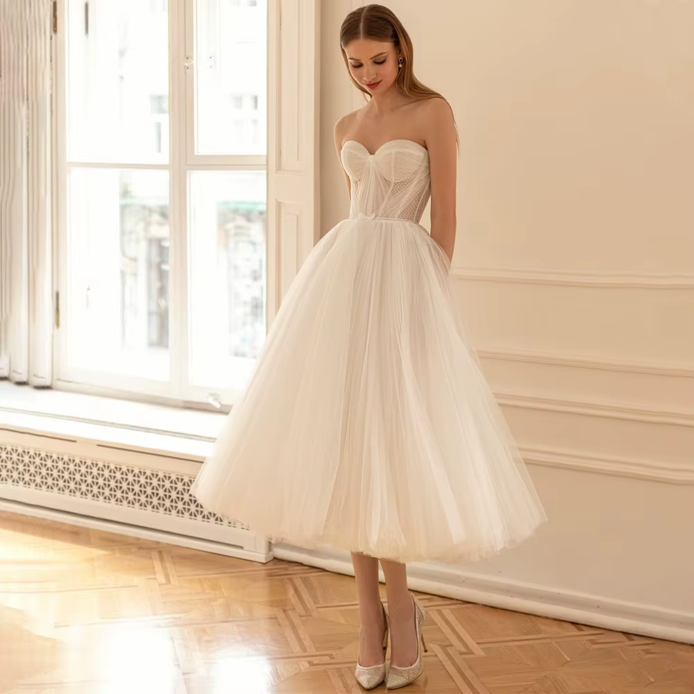 Robe de Mariée Courte en Tulle Blanc, Ligne A, Dos aux, pour Patients Simples