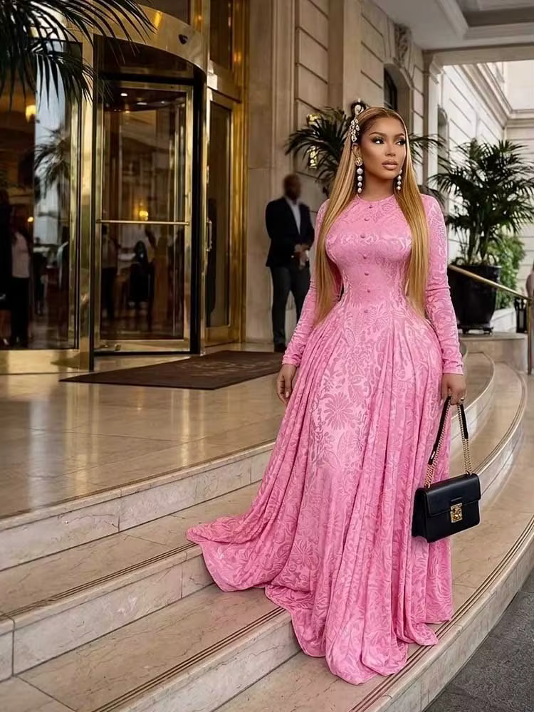Robe de soirée élégante et luxueuse rose pour femmes, robe moulante à taille haute, manches longues,