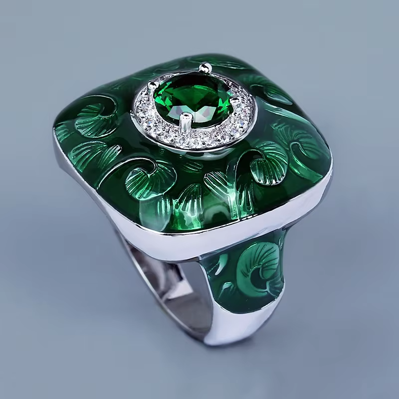 Bague Unique pour hommes, bijoux en émail vert fait à la main, bague de fiançailles en émeraude domi