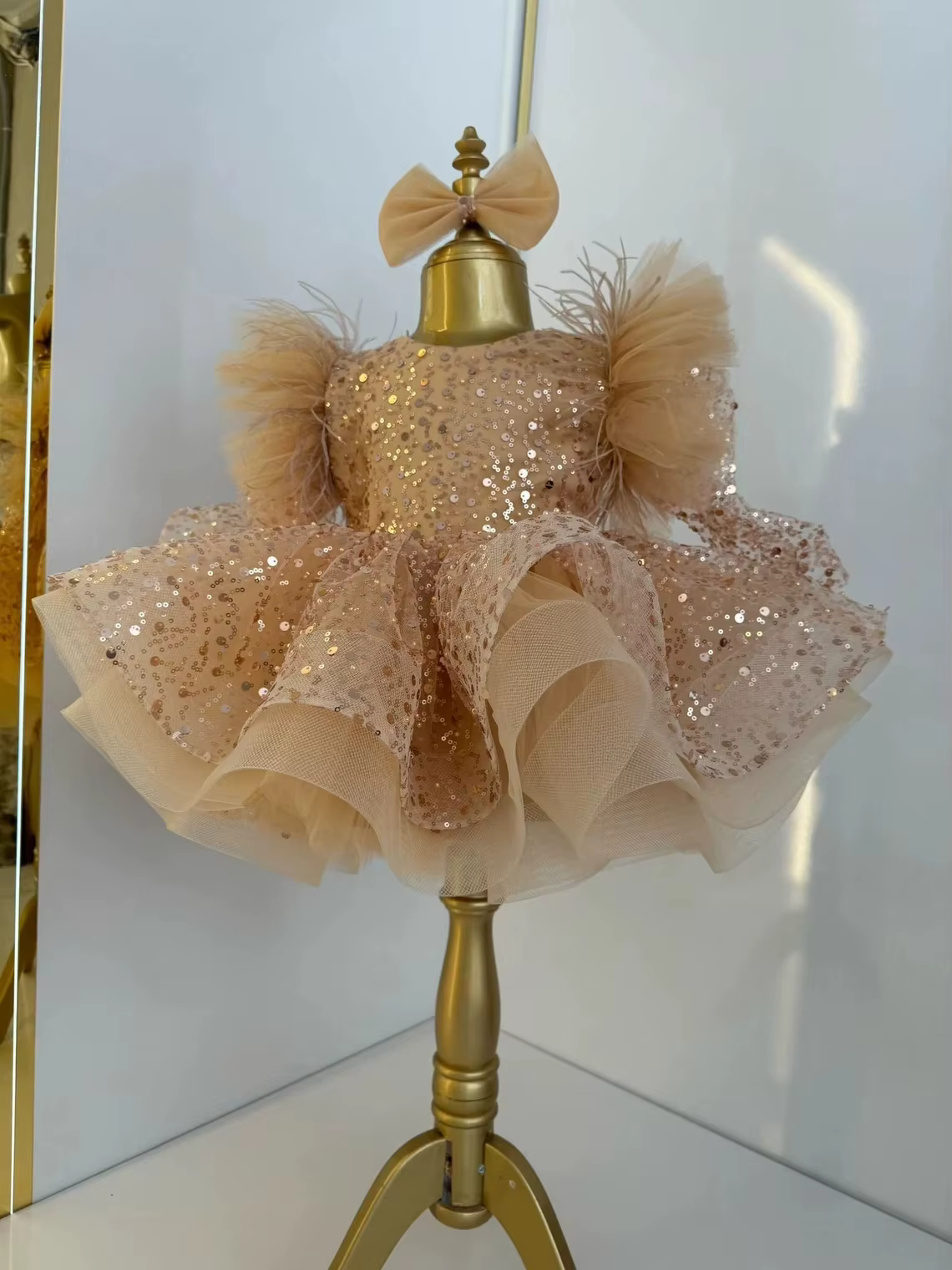 Robe à fleurs dorée personnalisée pour filles, pour mariage, bouffante et brillante avec nœud, robe 