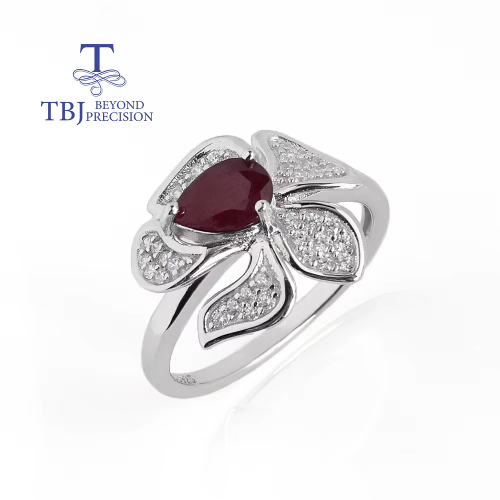 Bague design fleur poire naturelle 5*7mm rubis rempli de longrido foncé 925 bijoux fins en argent st