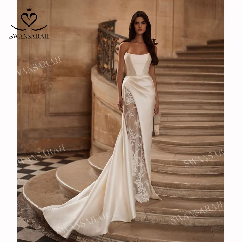 Robe de mariée sirène sans bretelles avec manches en dentelle, robe de mariée de fête personnalisée,