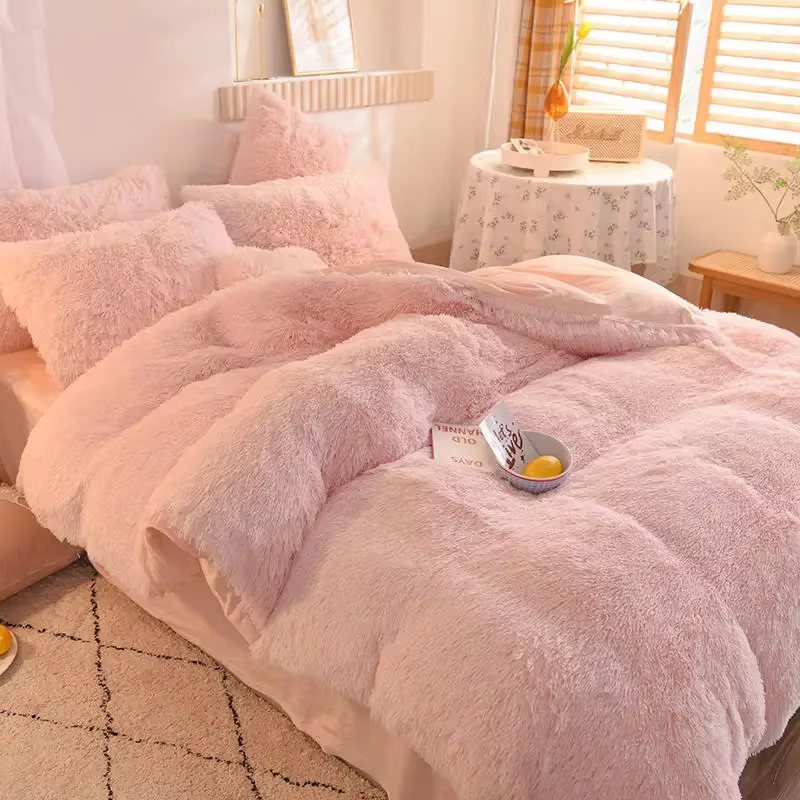 Parure de lit longue en peluche rose, ensemble de literie de luxe en velours de vison Queen, housse 