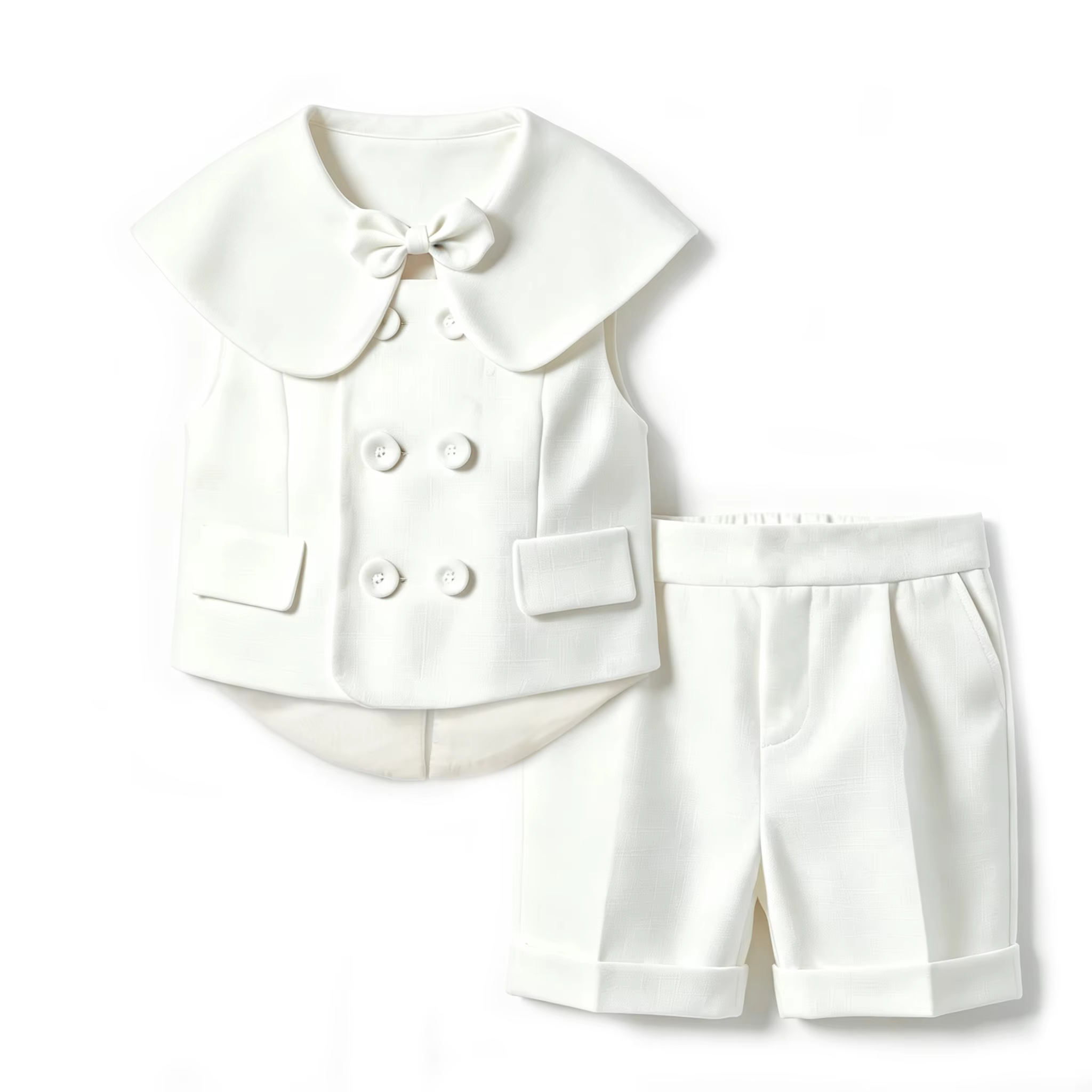 Ensemble 4 pièces pour petit garçon, style gentleman blanc : Gilet, chemise à manches courtes, short