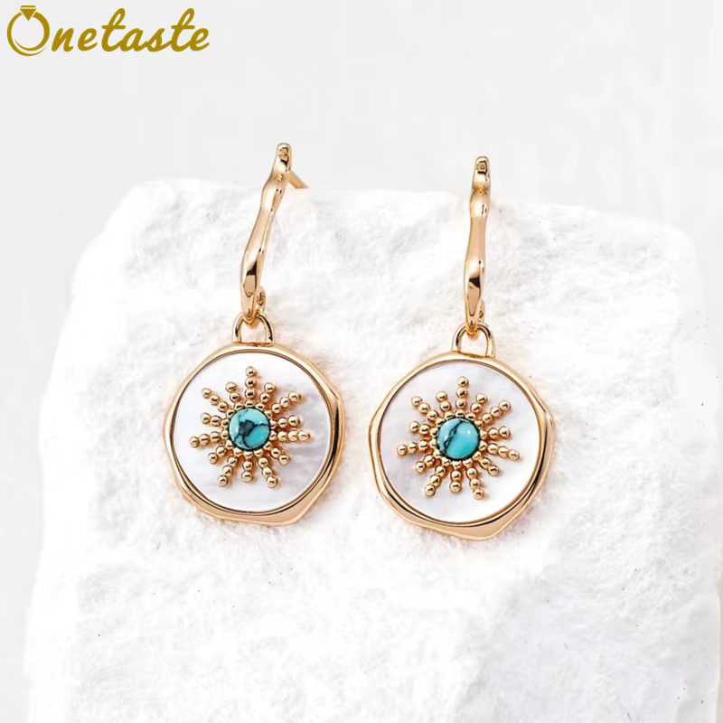 Boucles d'oreilles pendantes rondes en argent S925 avec nacre blanche et turquoise pour femme, délic