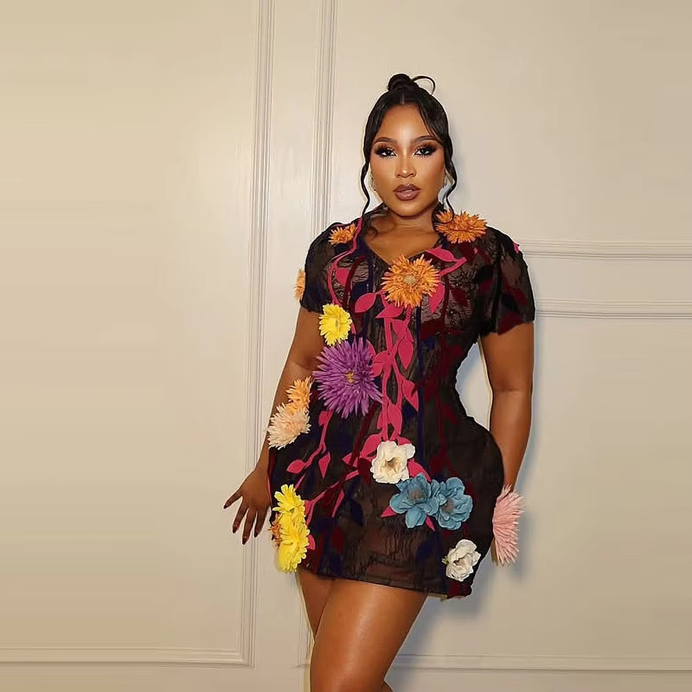 Robes de bal grande taille avec fleurs 3D, col en V, robes de cocktail à manches courtes, dentelle, 