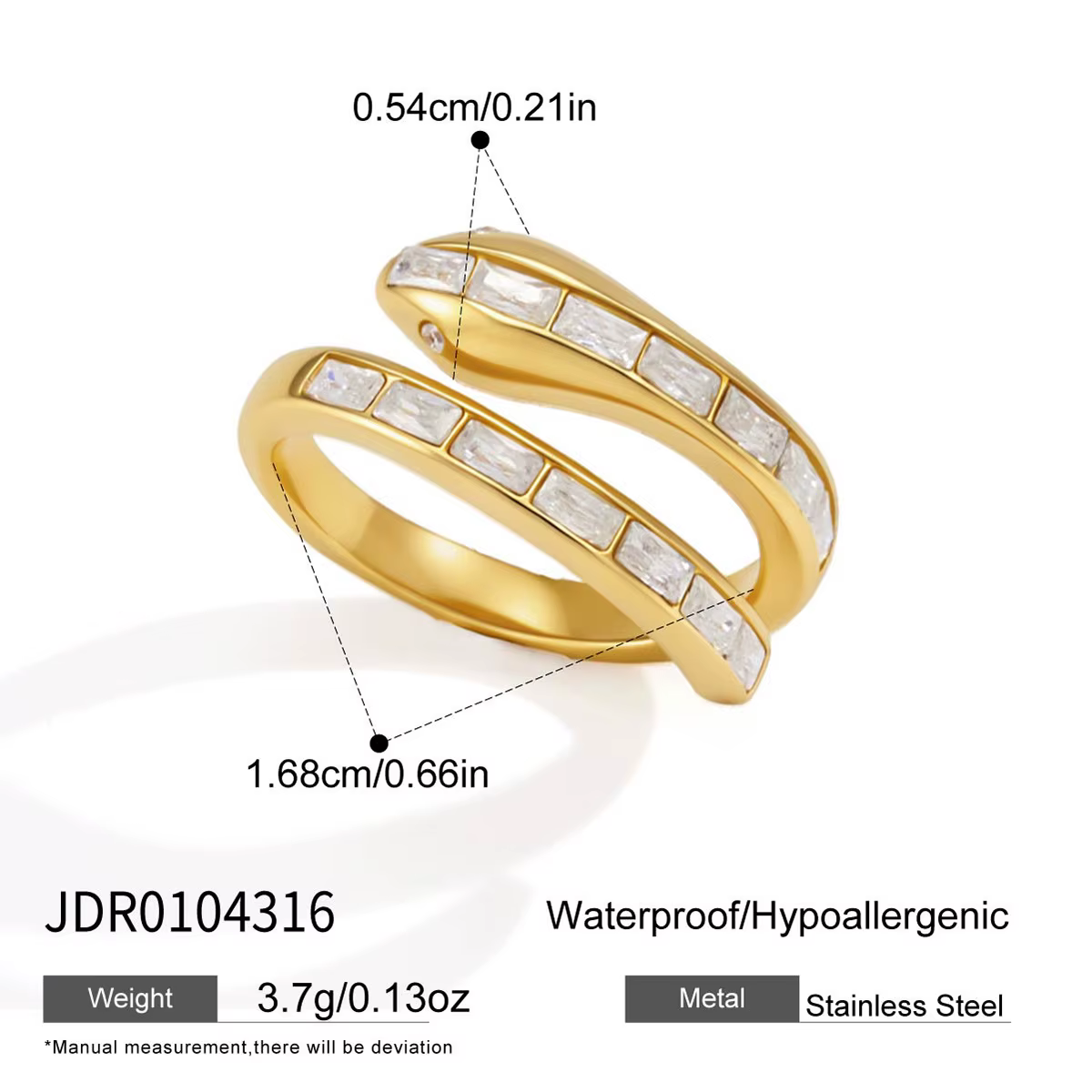 Bague Serpent en Acier Inoxydable Ars pour Femme, Plaqué Or 18 carats avec Zircon, Bague de Déclarat