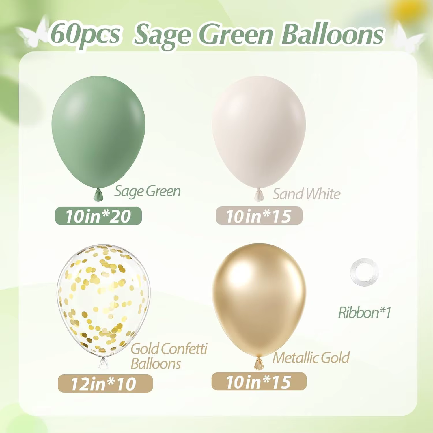 60 pièces vert sauge sable blanc métallisé or confettis ballons pour Boho anniversaire mariage nupti