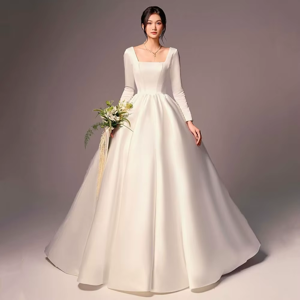 Robes de mariée élégantes pour femmes, robe de mariée en satin personnalisée, manches longues, col c