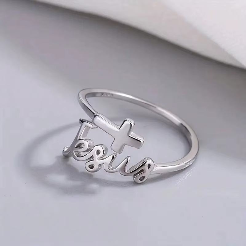 Bague de jésus en forme de croix plaquée argent réglable pour femmes, bagues de prière de foi chréti