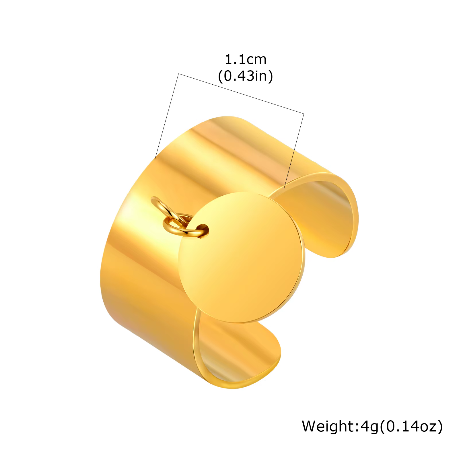 Bague ouverte minimaliste en acier inoxydable avec pendentif rond, bague large à breloque plaquée or