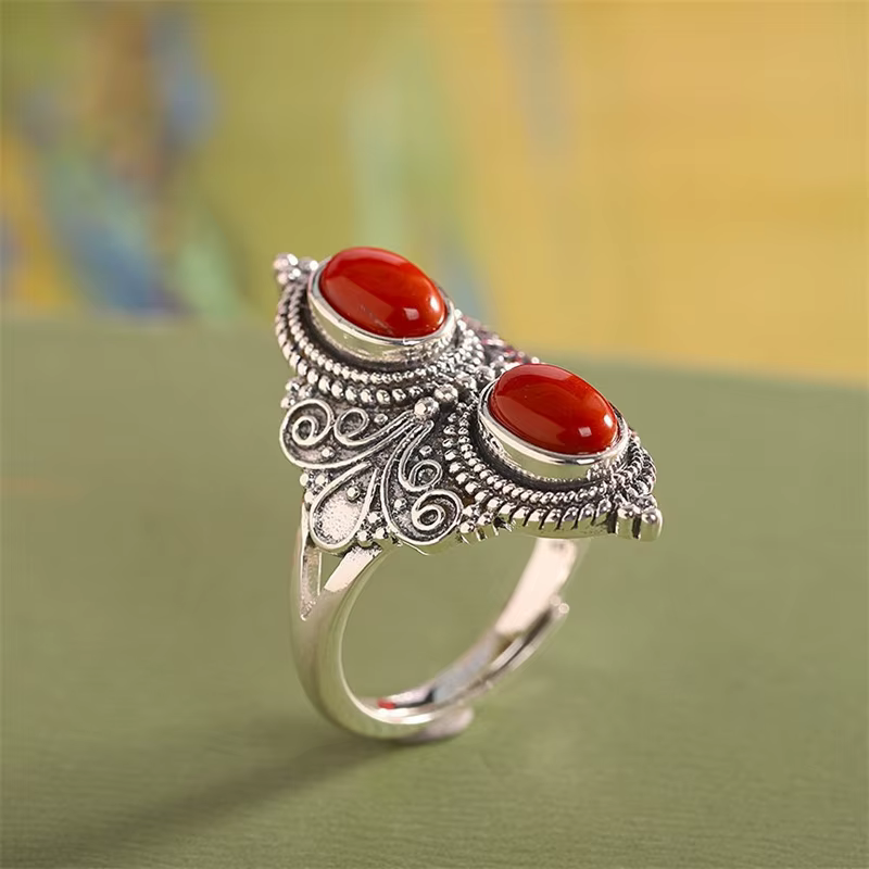 Bague ethnique en Jade rouge pour femmes, double perles ovales, bijoux rétro avec lignes en relief, 