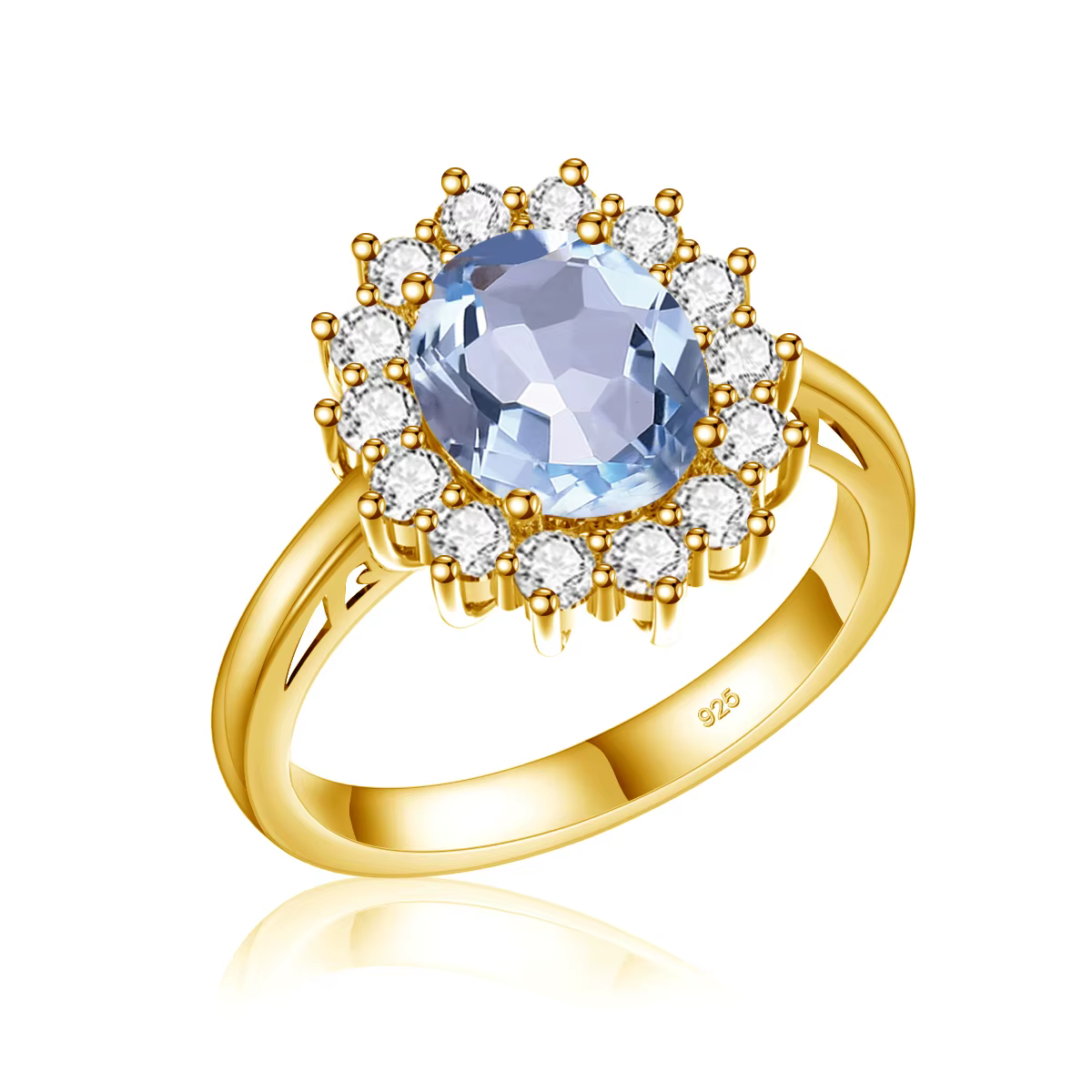 Bague en or avec aquamarine bleu marine taille ovale 8*10mm, style Diana, tendance, populaire, bijou