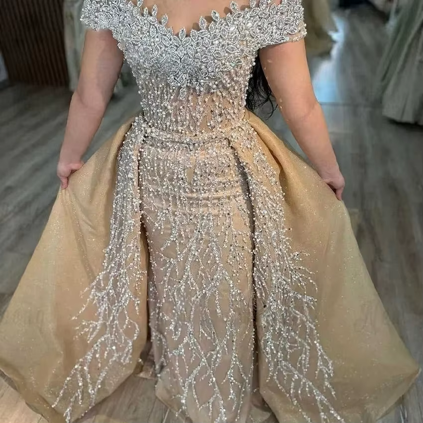 Robes de mariée champagne à épaules dénudées, robe de mariée perlée détachable, Arabie Saoudite, Dub