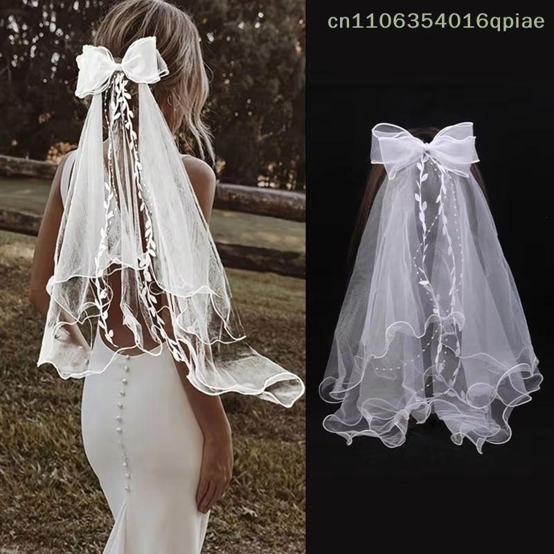Voile de mariée en tulle à deux couches pour femme, simple et élégant, avec nœud et bordure en dente