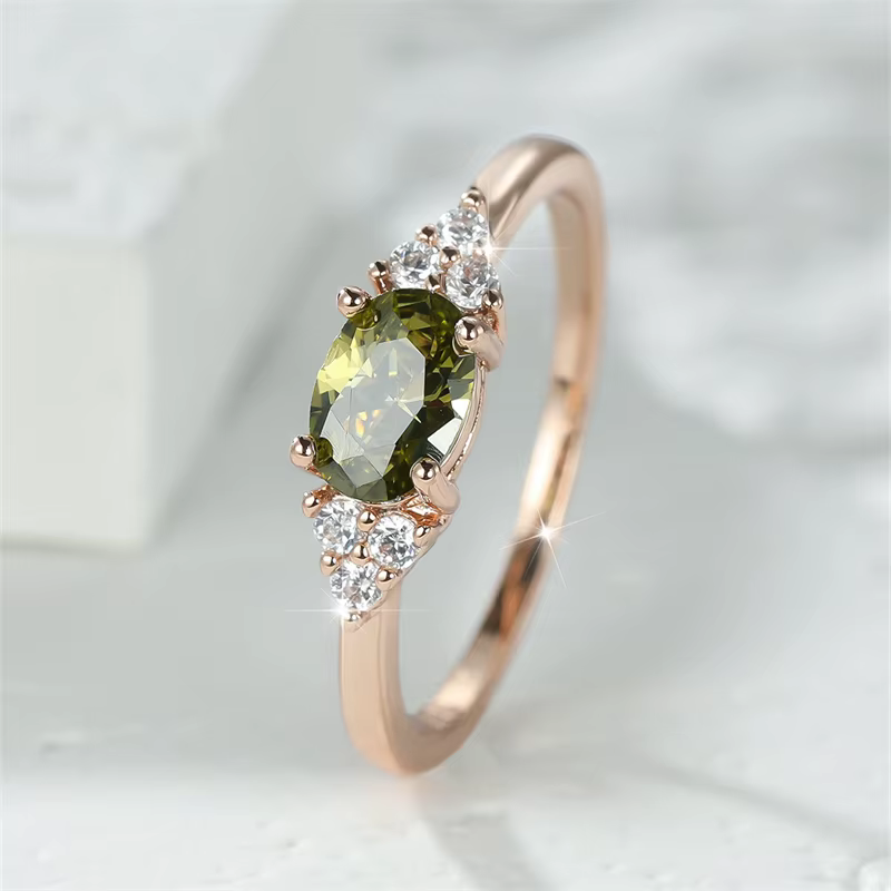Petite bague Simple en pierre vert Olive pour femmes, couleur or Rose, ovale, Zircon, minimaliste, e
