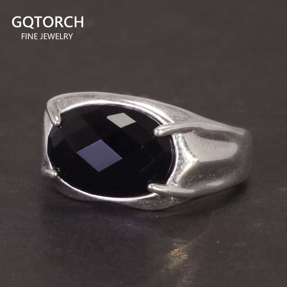 Group Pur 925 Bague En Argent Femmes et Hommes Pierre Naturelle Agate Noire Ovale À Facettes US6-10 
