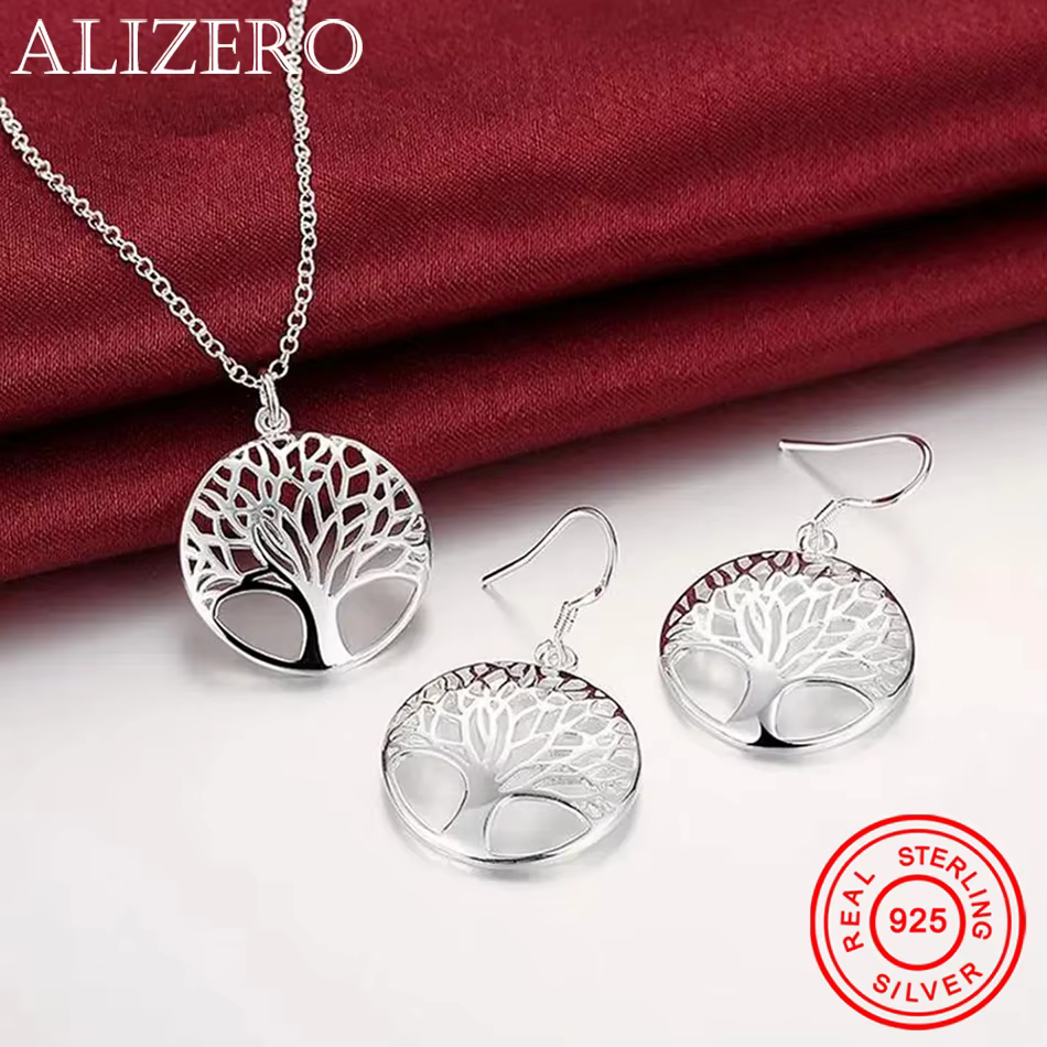 Ensemble de bijoux en argent Sterling 925 pour femmes, pendentif arbre rond rétro fin, collier et bo