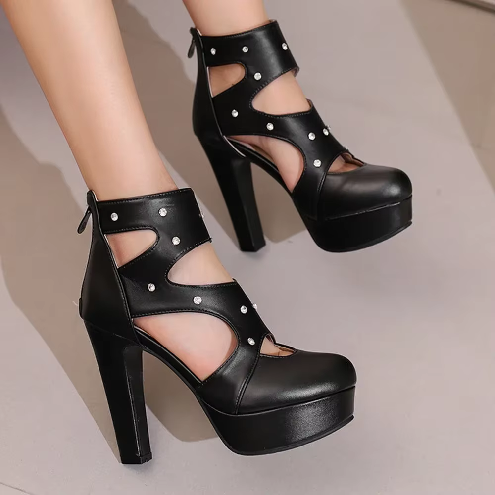 Femmes mode bout fermé tête ronde talons hauts rétro talons grossiers sandales mariage quotidien fem