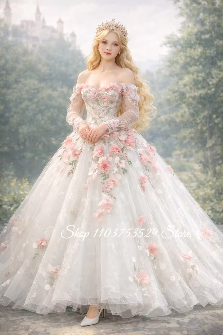 Robe de mariée personnalisée à épaules dénudées, style conte de fées, romantique, coupe princesse, a
