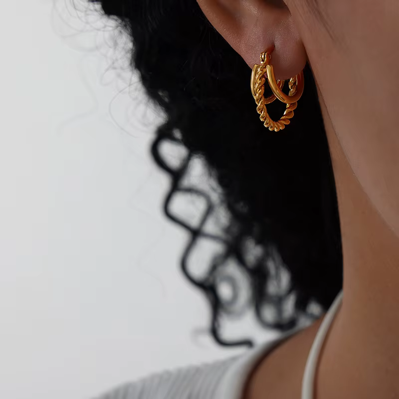 Boucles d'oreilles créoles anti-allergie pour femmes, doubles couches, bijoux torsadés, cadeaux de f