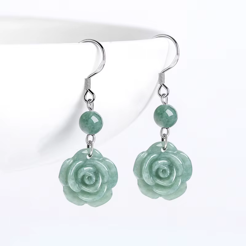 Boucles d'Oreilles Authentiques en Argent S925 et Jadéite Glacée, Bijoux de Qualité A, Vert Haricot,
