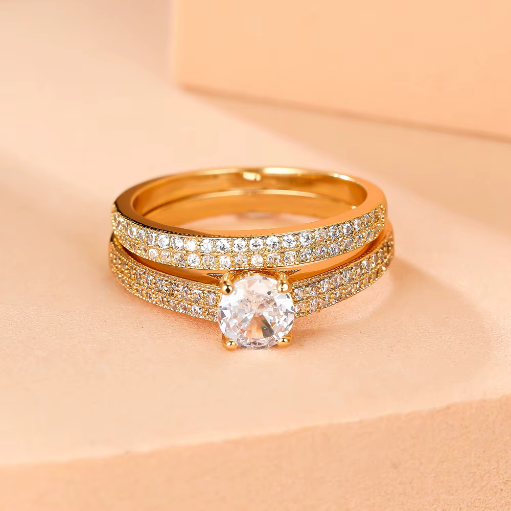 Ensembles de mariée de luxe, bagues rondes en pierre pour femmes, couleur or noir, Zircon blanc, bag
