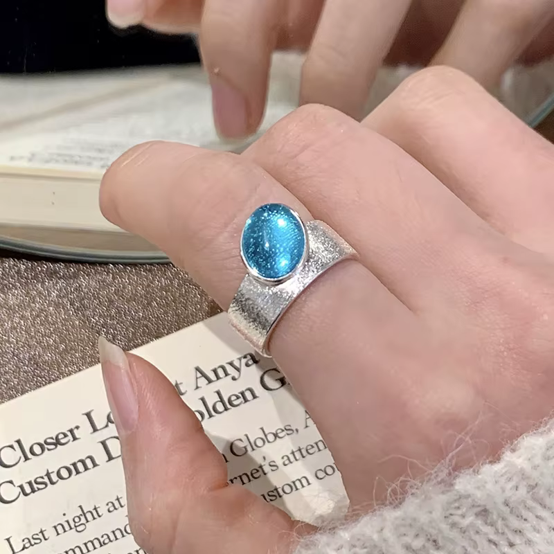 ANENJERY – bague ouverte géométrique en pierre ovale bleue pour femmes, nouvelle tendance coréenne, 