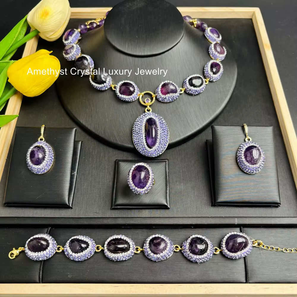 Ensemble de bijoux de luxe en améthyste brute, quatre pièces exquises, bijoux en cristal incrusté de