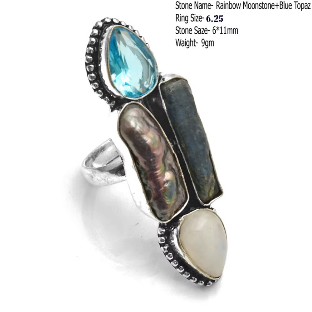 Véritable bague en labradorite de topaze bleue en pierre de lune Elena Larimar