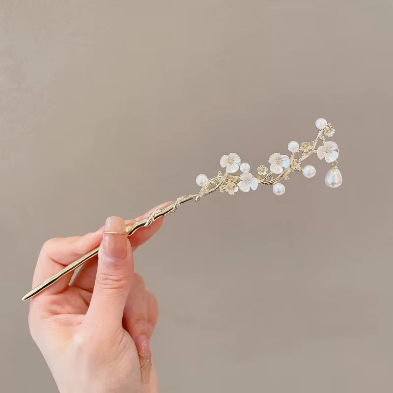 Épingle à cheveux fleur de luxe, pendentif en perle exquise, accessoires en forme de branche, vente 