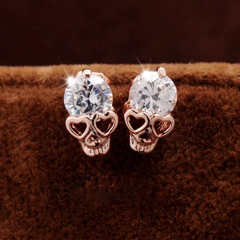 Boucles d'oreilles crâne couleur or Rose avec Zircon étincelant, jolies boucles d'oreilles neutres S