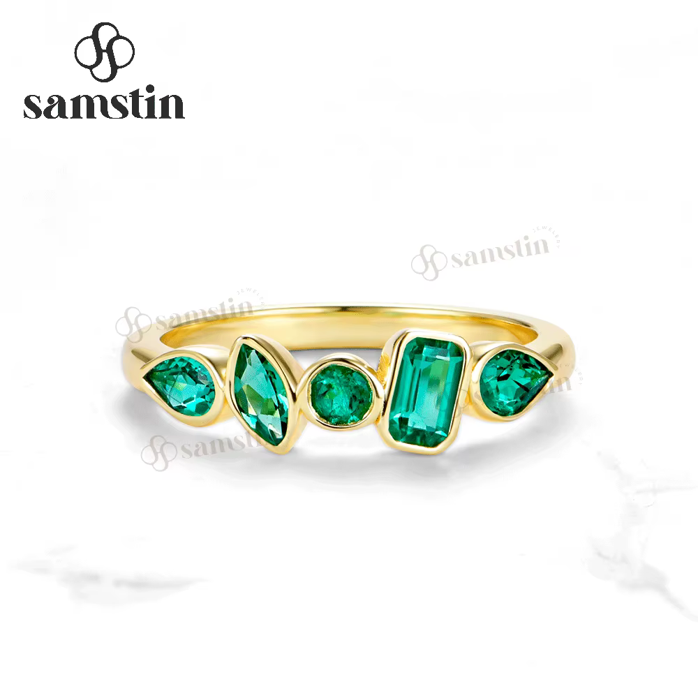Bague Samstin 1,5 carats en émeraude de laboratoire pour femme, demi-alliance éternelle en or jaune 