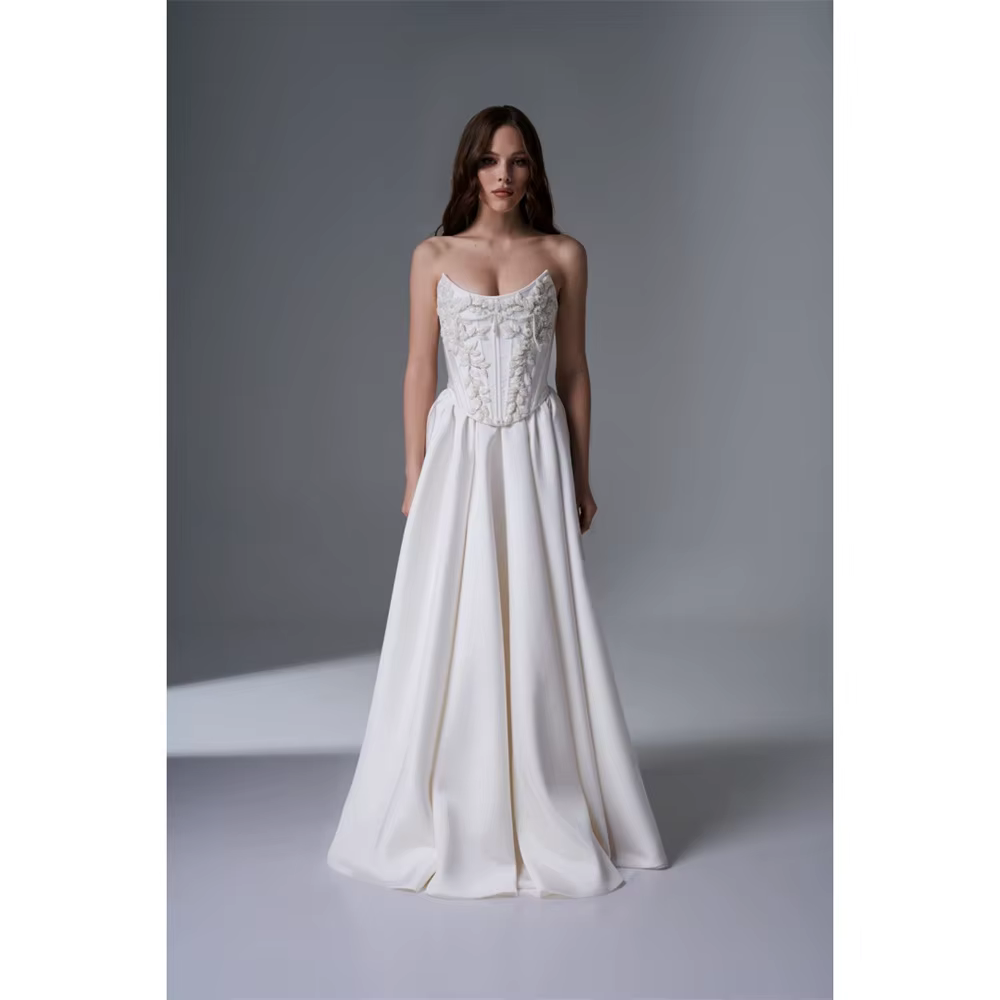 Robe de mariée blanche personnalisée Kyoto, sans bretelles, avec strass, coupe trapèze, dos lacé, lo