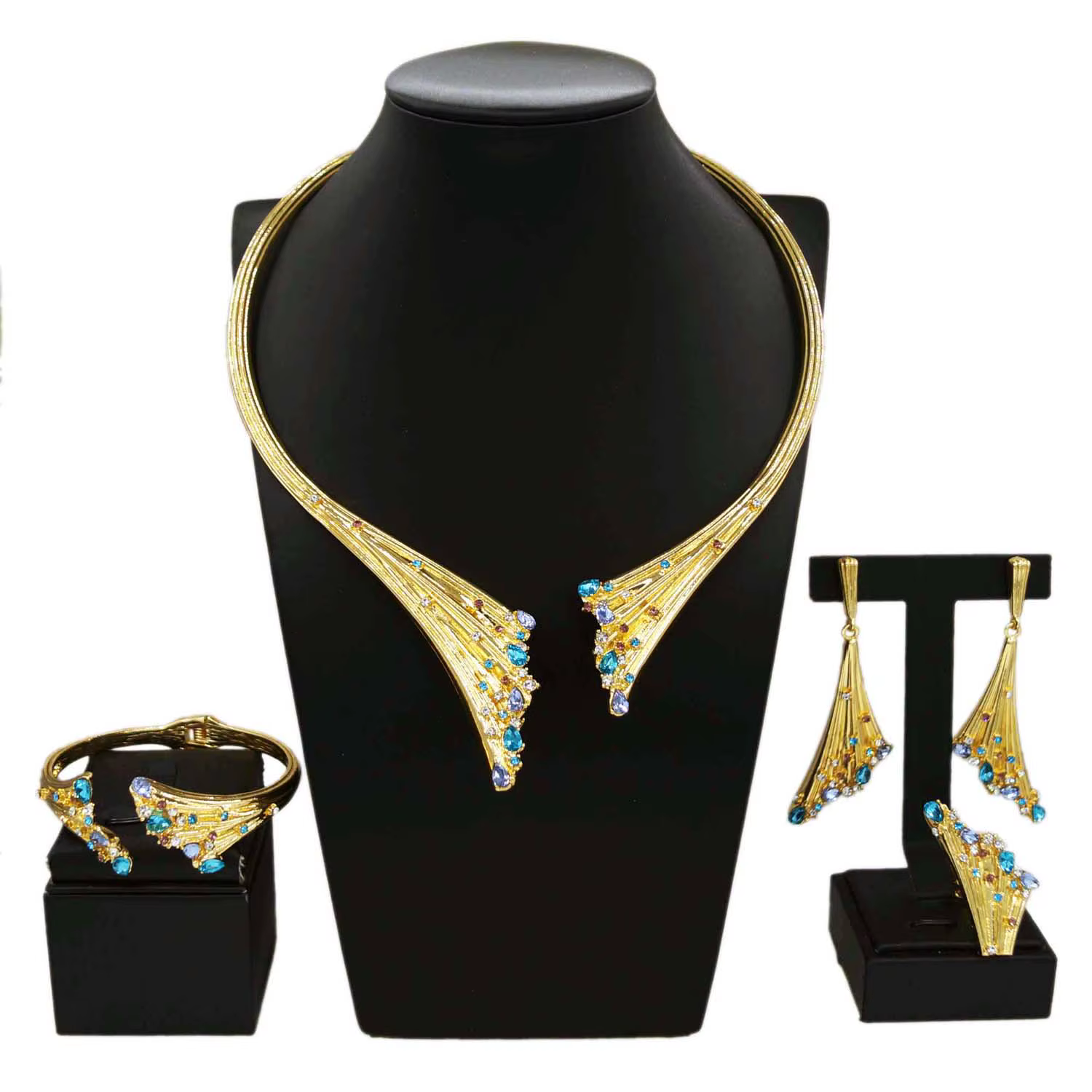 Ensemble de bijoux plaqués or pour femmes, dubaï, collier de luxe en pierre bleue, Bracelet, bague, 