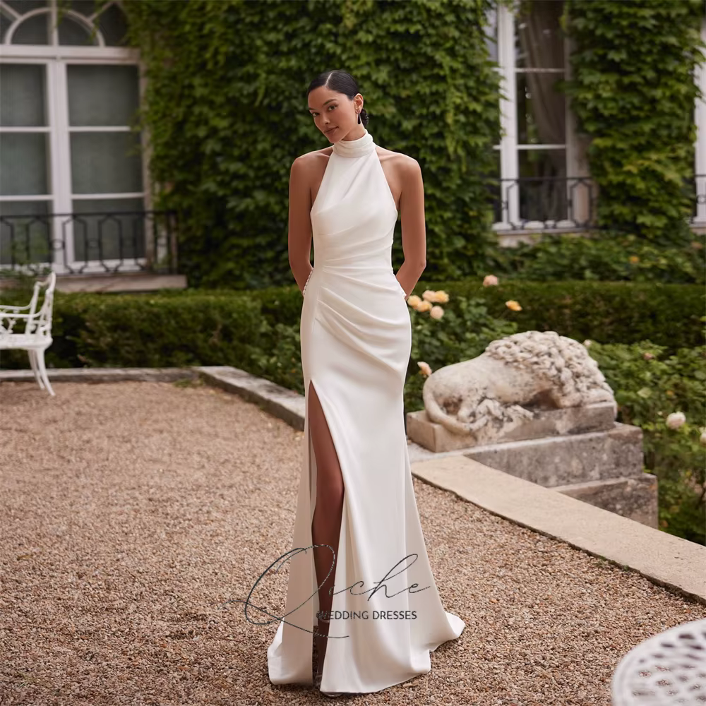 QICHE élégant col haut plissé sirène robe de mariée femmes sans manches dos ouvert haut côté fendu b