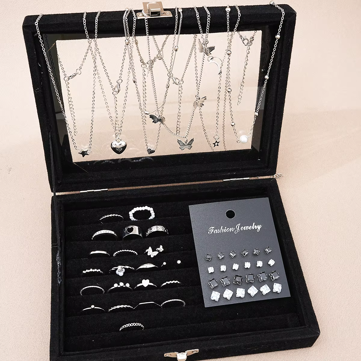 Ensemble de bijoux chics couleur argent pour femmes, colliers, boucles d'oreilles, bagues, assortis 