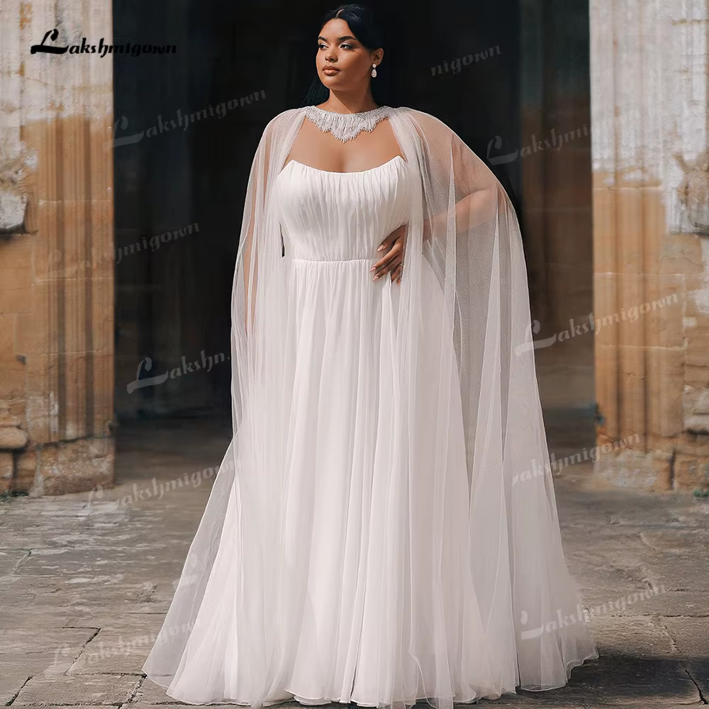 Robe de mariée élégante en mousseline de soie grande taille avec cape détachable, robe de mariée en 