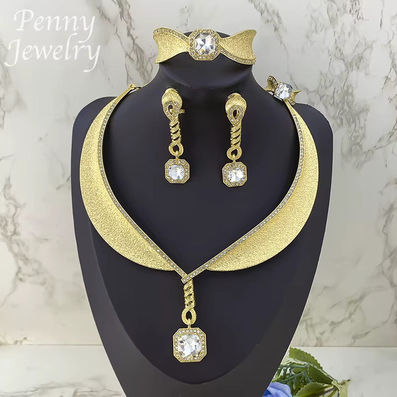 Ensemble de bijoux bohème plaqué or avec strass pour femmes, 4 pièces, collier, boucles d'oreilles, 