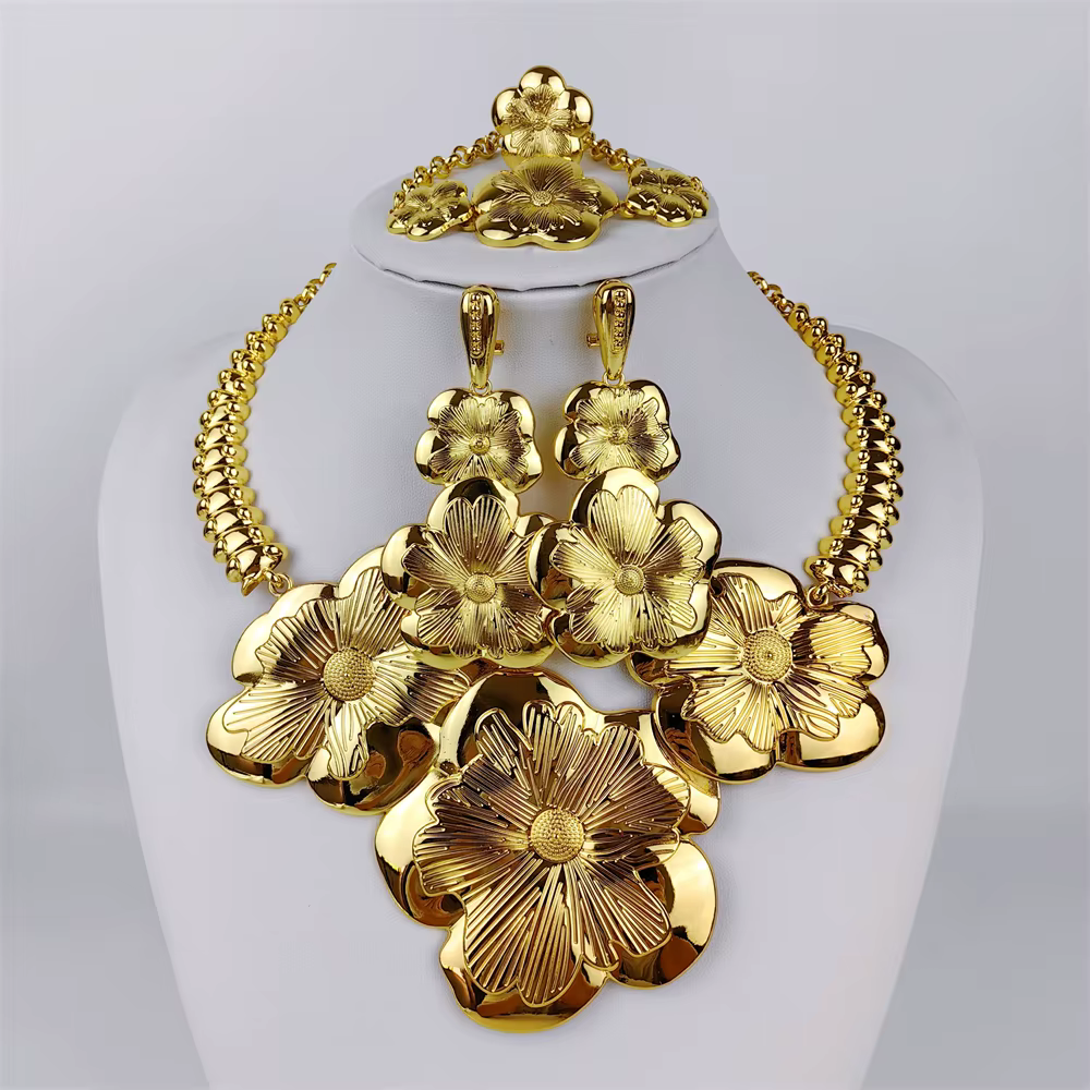 Ensemble de bijoux classiques avec pendentif grande fleur de dubaï pour femmes, collier plaqué or de