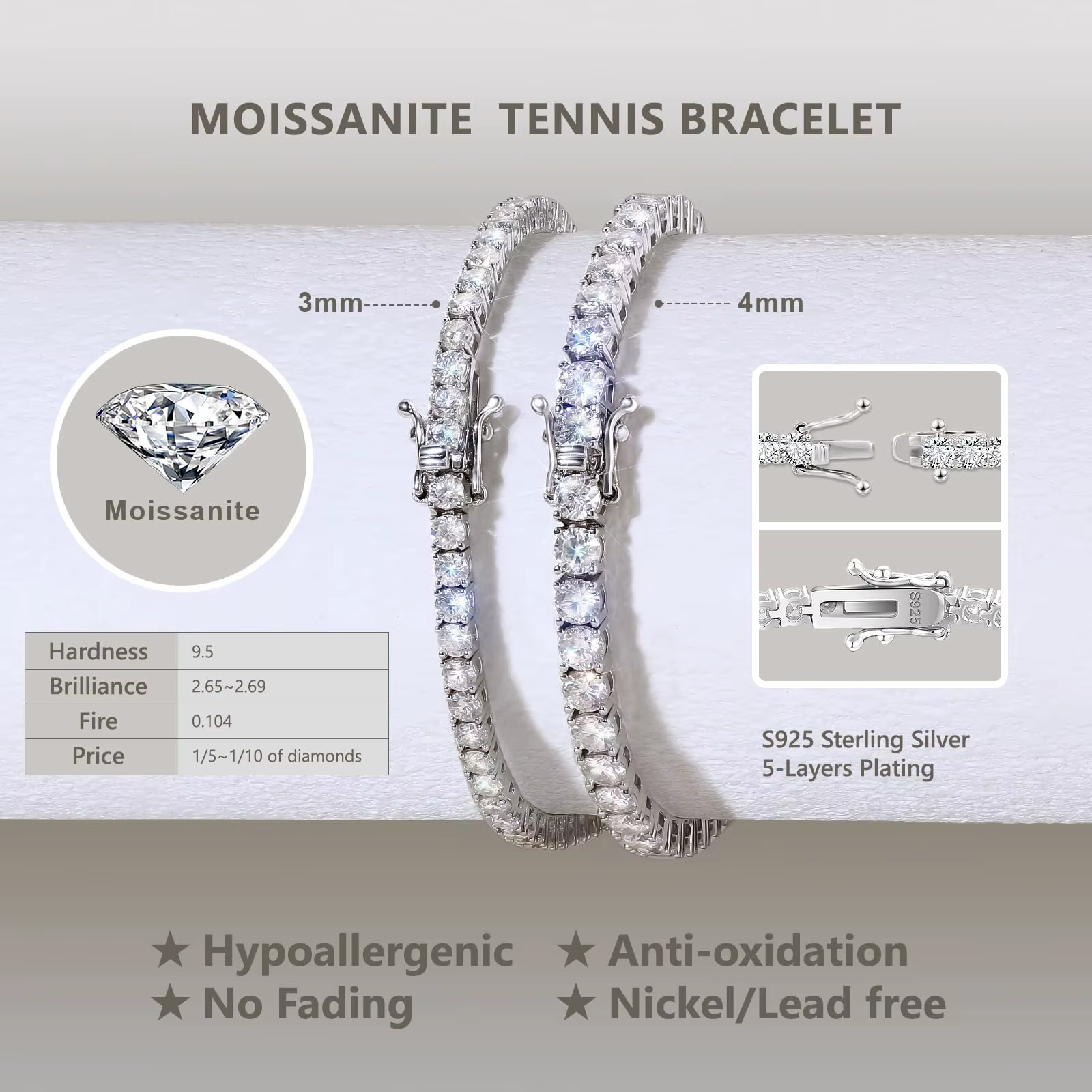 Bracelet de tennis délicat en Moissanite plaqué or 18 carats, argent sterling 925, couleur D, diaman