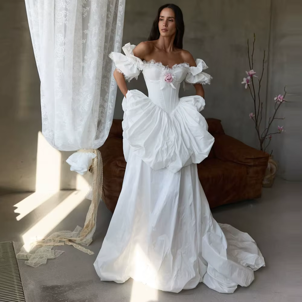 Robes de mariée longues blanches de rêve, robes d'événements formels modestes pour femmes avec détai
