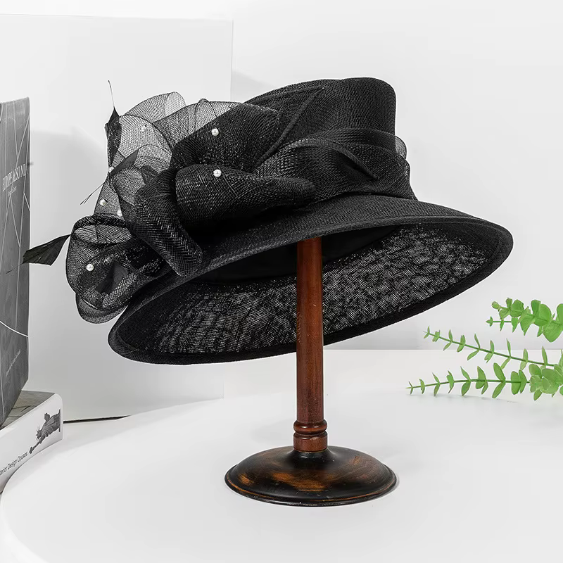 Chapeau de mariage Sinamay en lin pour femmes, élégant, chapeau d'église, fleur élégante, Fedoras à 