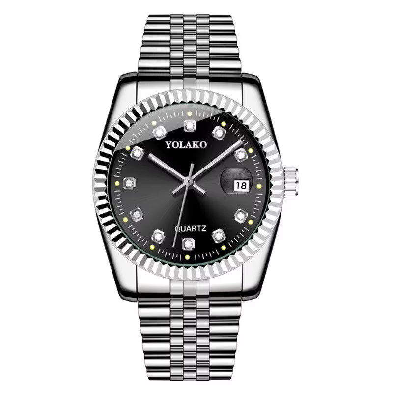 Montre à quartz en acier inoxydable avec calendrier en diamant pour homme, montre-bracelet, affaires