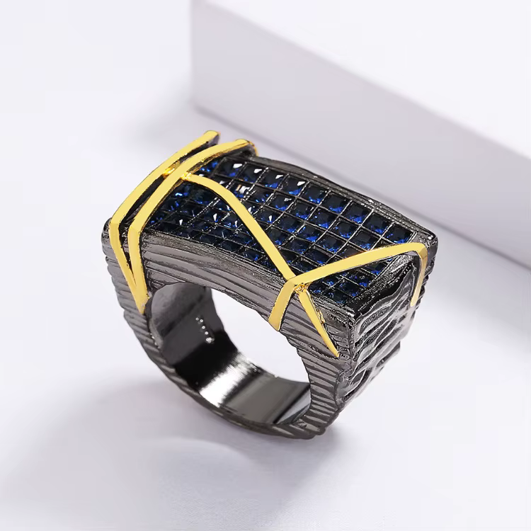 Ensemble de bijoux géométriques en or noir, Texture irrégulière, bague en diamant bleu, collier, bou