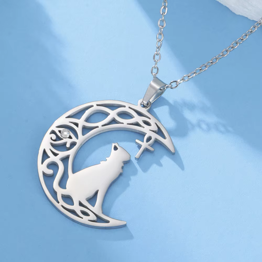 Collier pour femme en acier inoxydable, motif déesse Bastet, croix Ankh et œil d'Horus, amulette de 