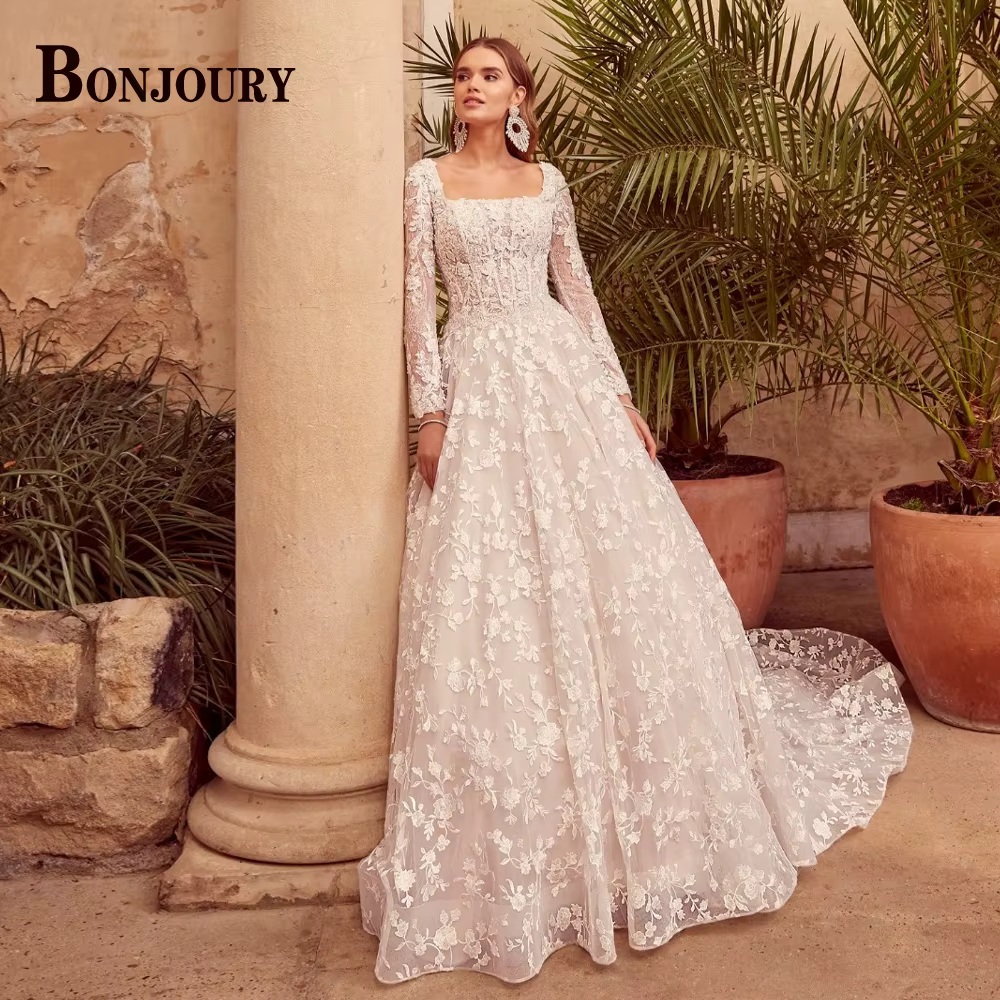 BONJOURY robe de mariée classique pour mariée col carré a-ligne bouton Appliques Train Royal robes N