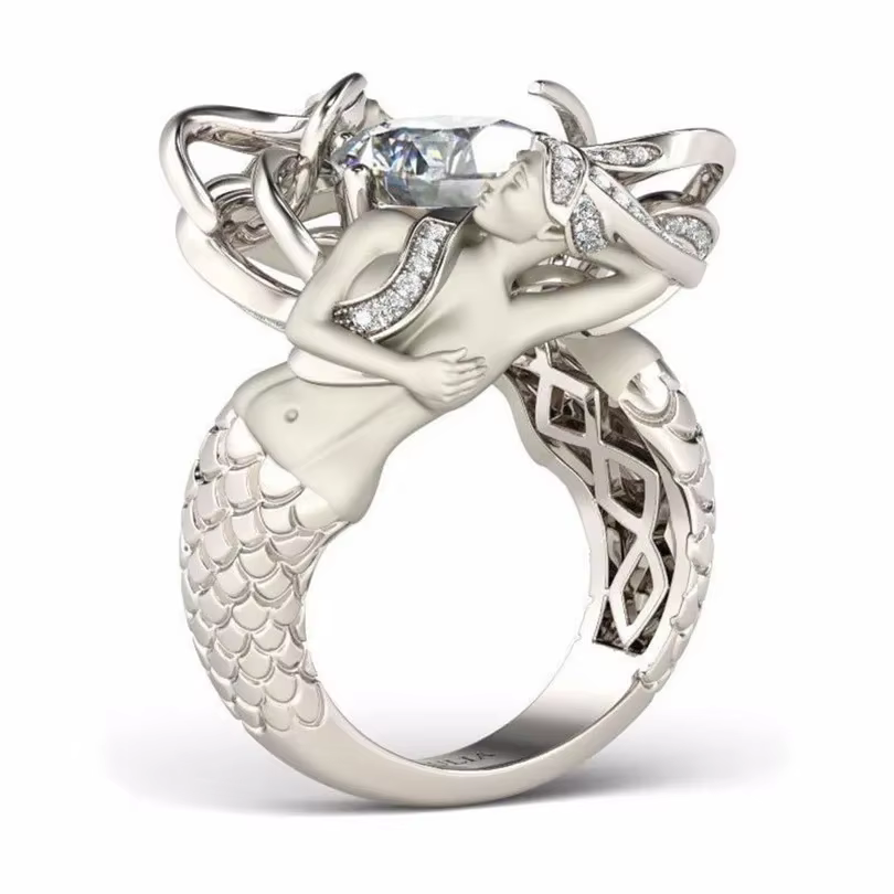 Bague sirène de luxe en diamant à haute teneur en carbone, en argent sterling 925, pour femme, idéal