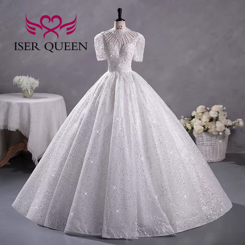 Robe de mariée brillante à col haut personnalisée, en liquidation, avec des Appliques en dentelle pe