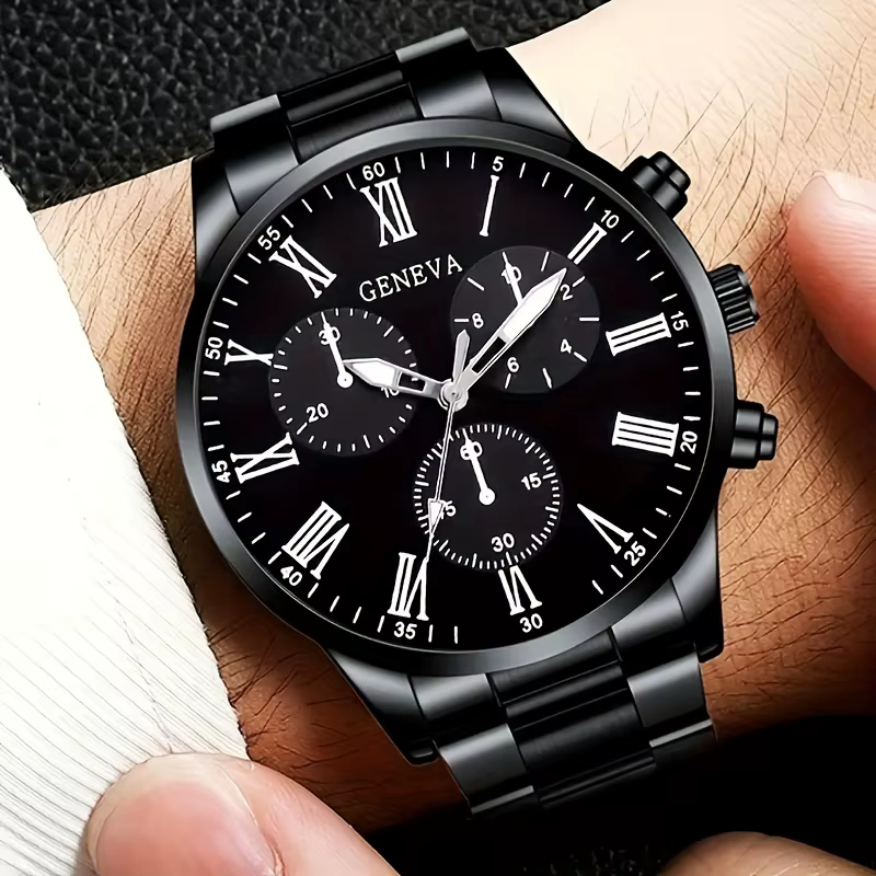 Montre à quartz pour hommes, 4 pièces/1 pièce, bracelet en acier inoxydable, boîtier rond en alliage